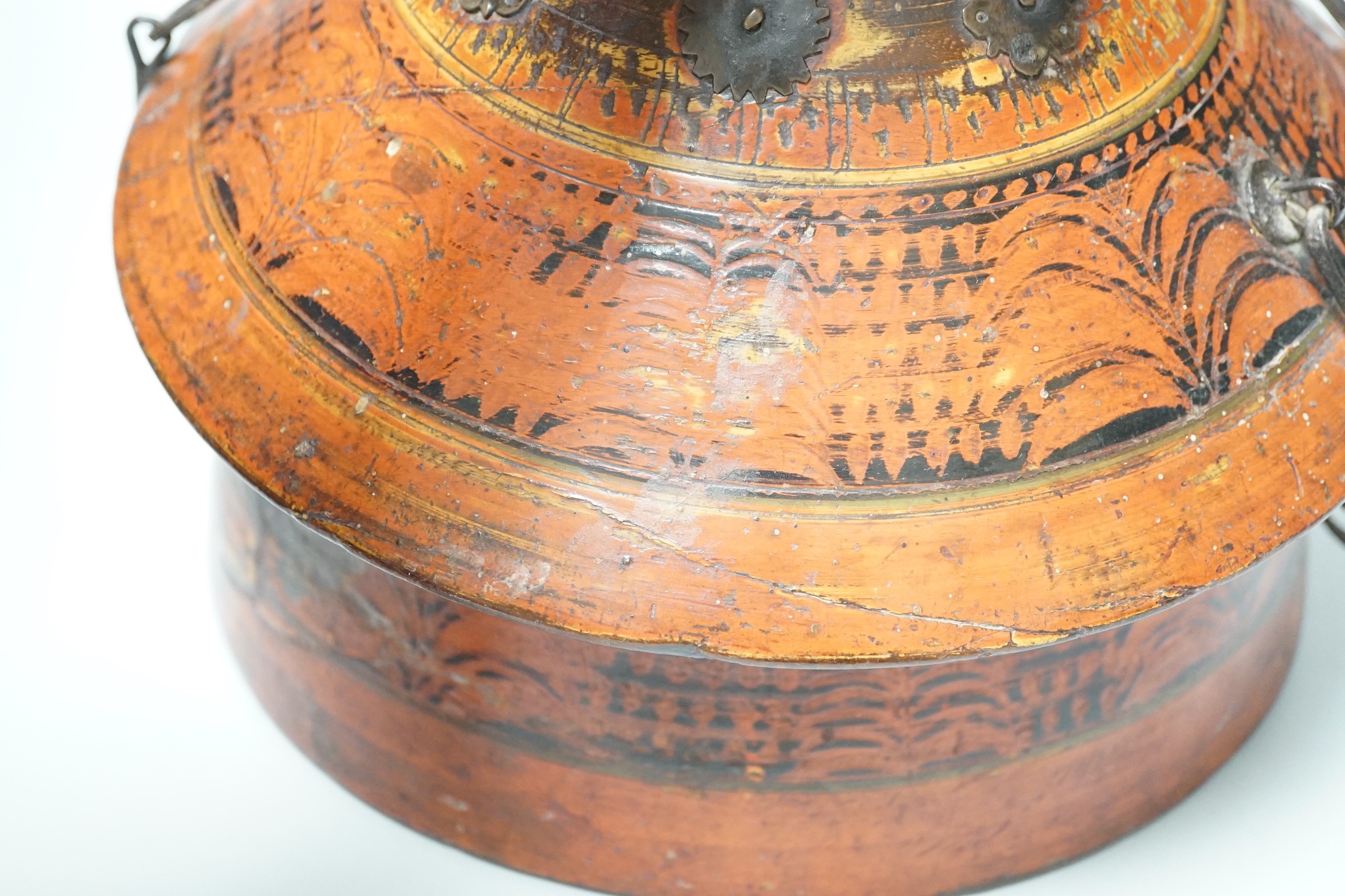 A Chinese wooden painted spice container and cover. 28cm tall
